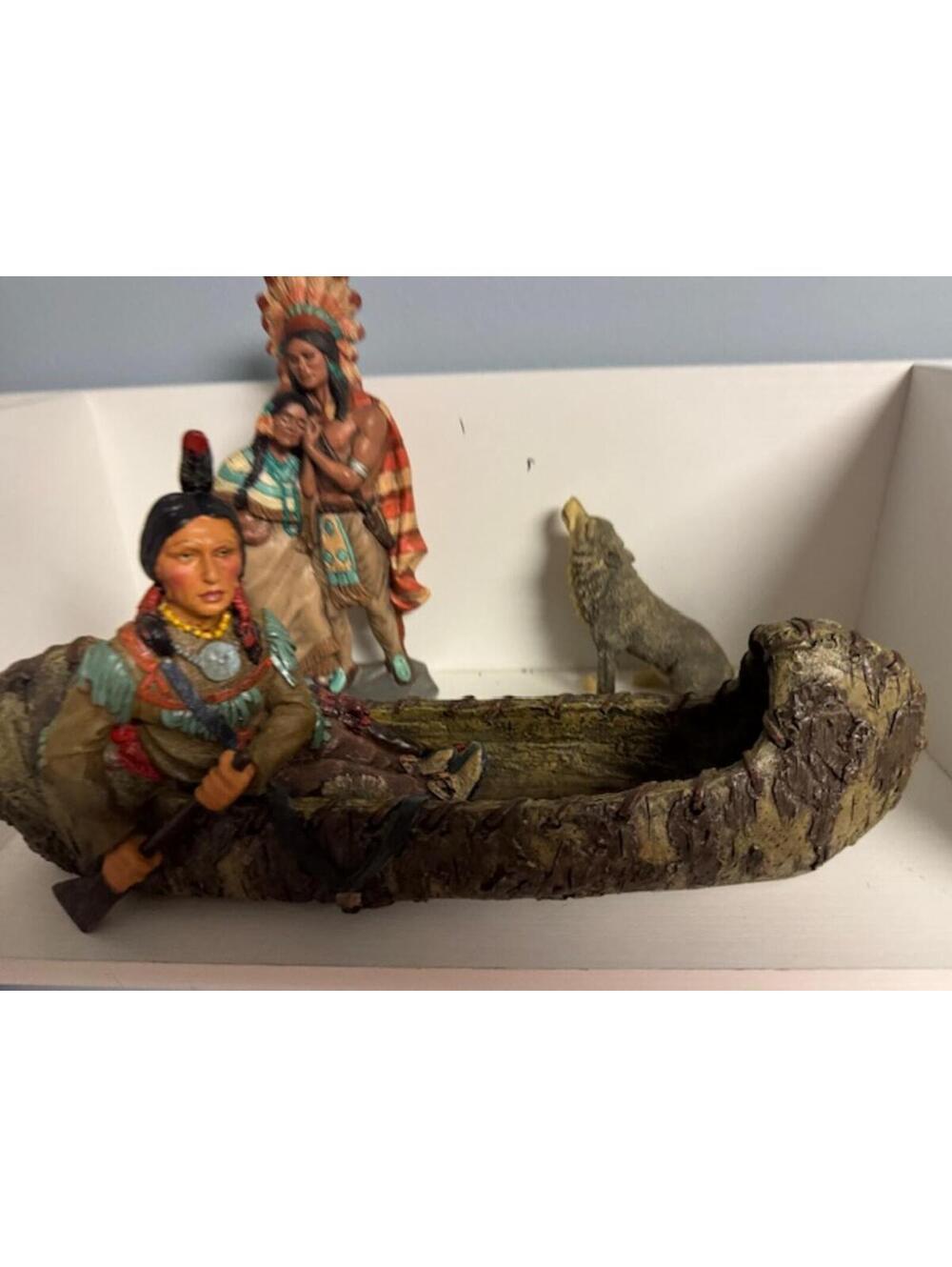 Native American Art Collection: Canoe Figurine, Couple Sculpture & Howling Wolf
